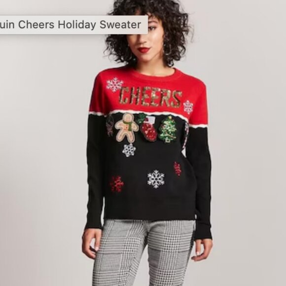 Forever 21 Red / Black Sequin Cheers Christmas Sweater - Picture 2 of 12